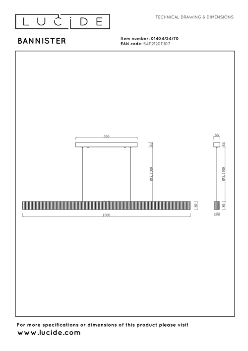 Lucide BANNISTER - Lámpara colgante - LED Regul. - CCT - 1x30W 2200K/3000K - Aspecto madera - Vibes - técnico